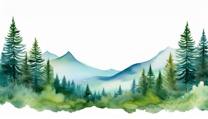 watercolor mountains spruce trees landscape forest border spring summer awakening of nature isolated illustration white background wedding invitation generative ai