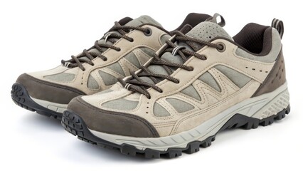 Beige and Brown Hiking Shoes on White Background
