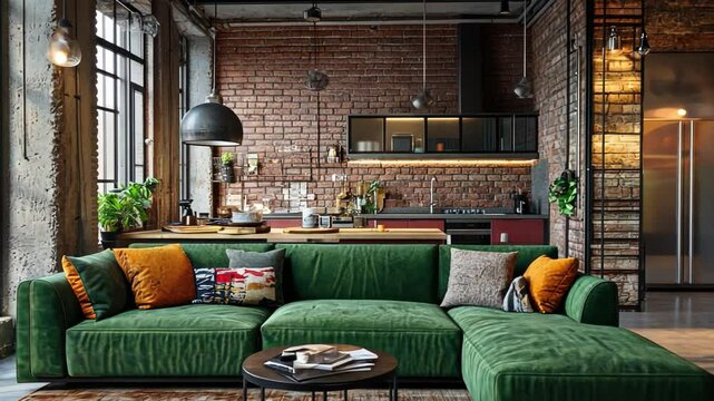 A stylish loft with a vibrant green sofa, industrial lighting, and a chic open-concept design