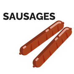 Delicious grilled sausages vector illustration. Tasty barbecue food icon in flat style. Roasted meat snack isolated on white background. Hot and fresh sausage meal for restaurant menu or food delivery