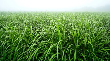 Fototapeta premium Green Grass Field in Foggy Morning Landscape Nature Serenity