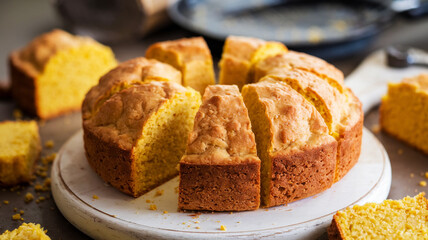 Fresh Baked Corn Bread Slices on Wooden Board