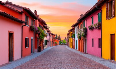 Charming colorful houses at sunset in burano italy - vibrant street photography scene