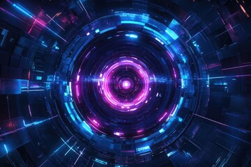 Light-speed background with neon blue and purple lights, dark space in the center. Abstract digital motion tunnel or time machine concept.