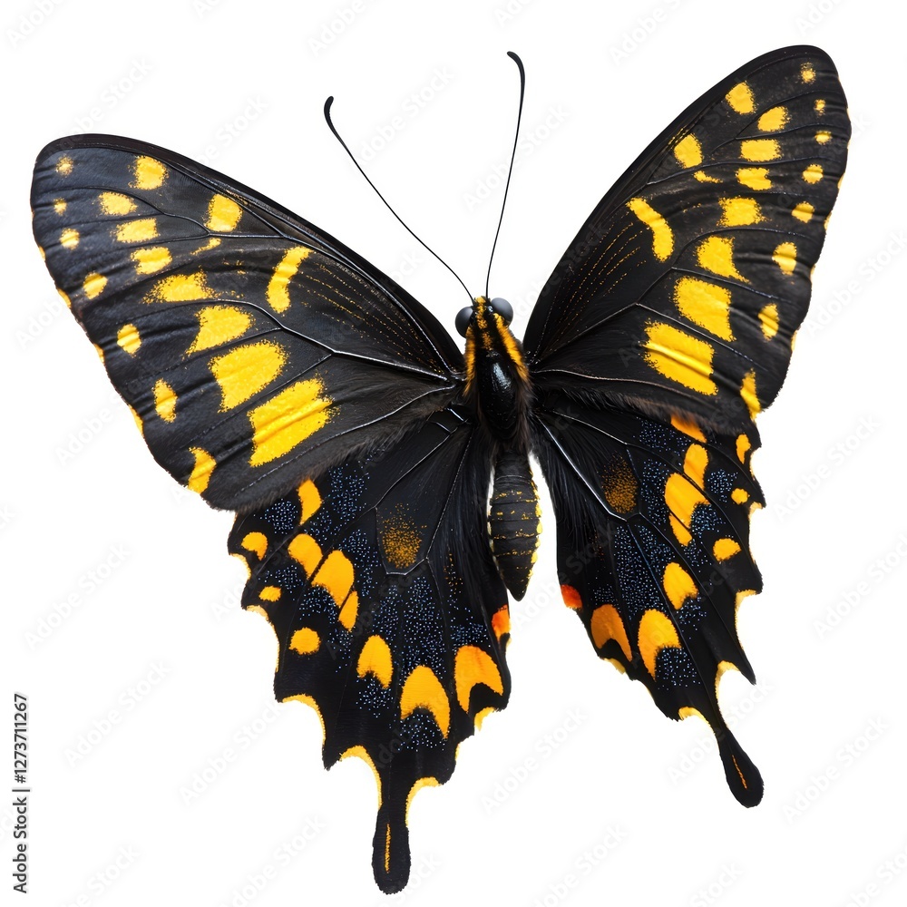 Poster exotic butterfly with open wings on white background showing detailed wing pattern and texture