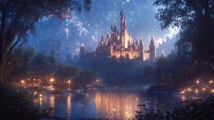 Magical creatures, dazzling magical mist, ethereal lighting, and whimsical details surround this enchanted forest with a distant fairy-tale castle. Look Down
