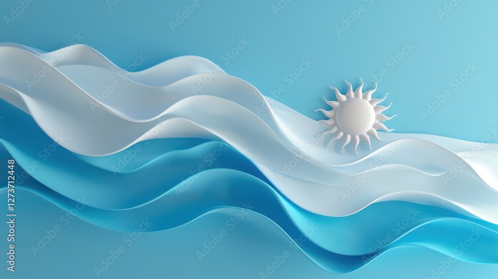 Poster a serene and playful abstract representation of sunlight and soft waves on a blue canvas
