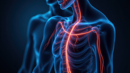 Medical imaging of a human torso with highlighted vagus nerve for VNS therapy visualization.