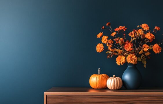 Autumnal home decor pumpkins, flowers, dark wall