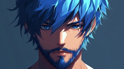 Fototapeta premium Anime Style Man With Bright Blue Hair And Beard Illustration.