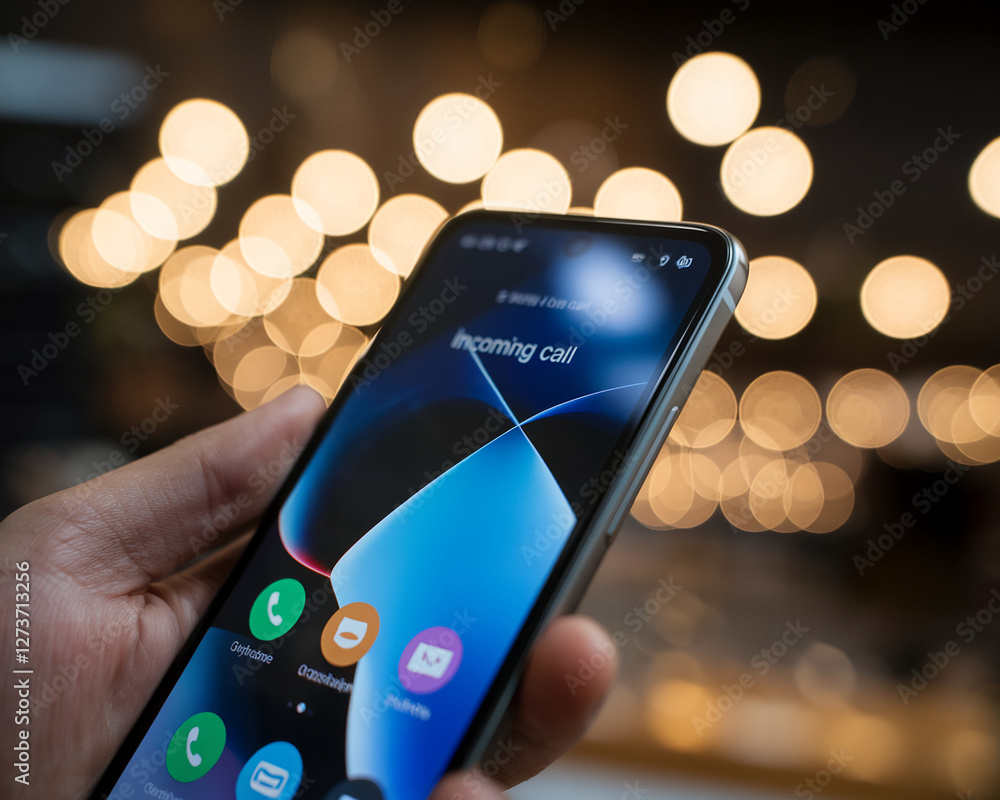 Poster close-up view of a smartphone displaying an incoming call notification, symbolizing communication, t