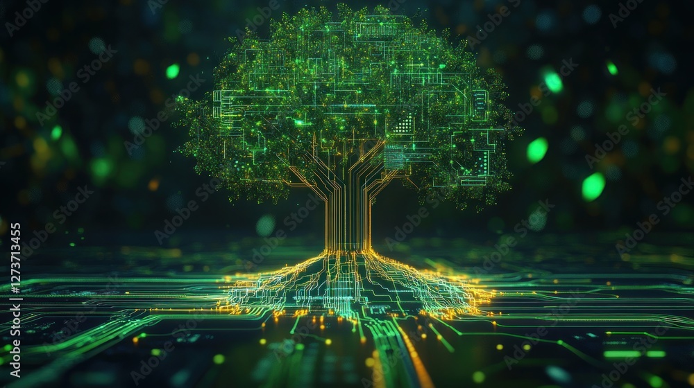 Poster a digital tree with circuit-like roots symbolizes the fusion of nature and technology.