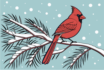  Cardinal bird, snowy winter scene, pine branch, red feathers, vibrant colors, detailed plumage, bokeh snow effect, blue background, nature photography, close-up, festive atmosphere, wildlife portra