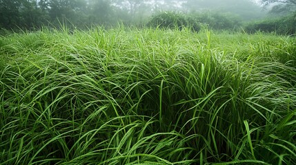 Fototapeta premium Lush Green Grass Field with Foggy Backdrop in Peaceful Nature