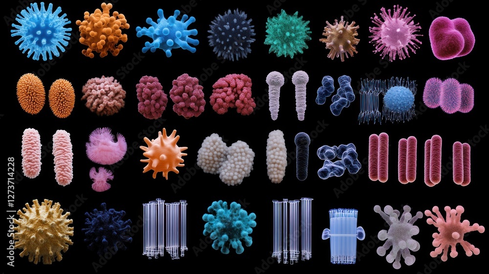 Poster a collection of colorful microscopic organisms and structures displayed on a black background.