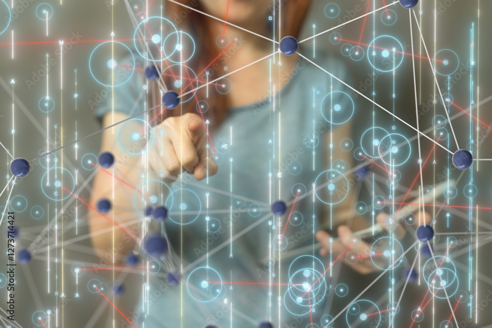 Poster Neural network 3D illustration. Big data and cybersecurity