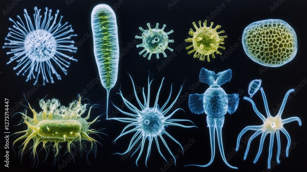 Poster microscopic view of various microorganisms showcasing their diversity and structure.