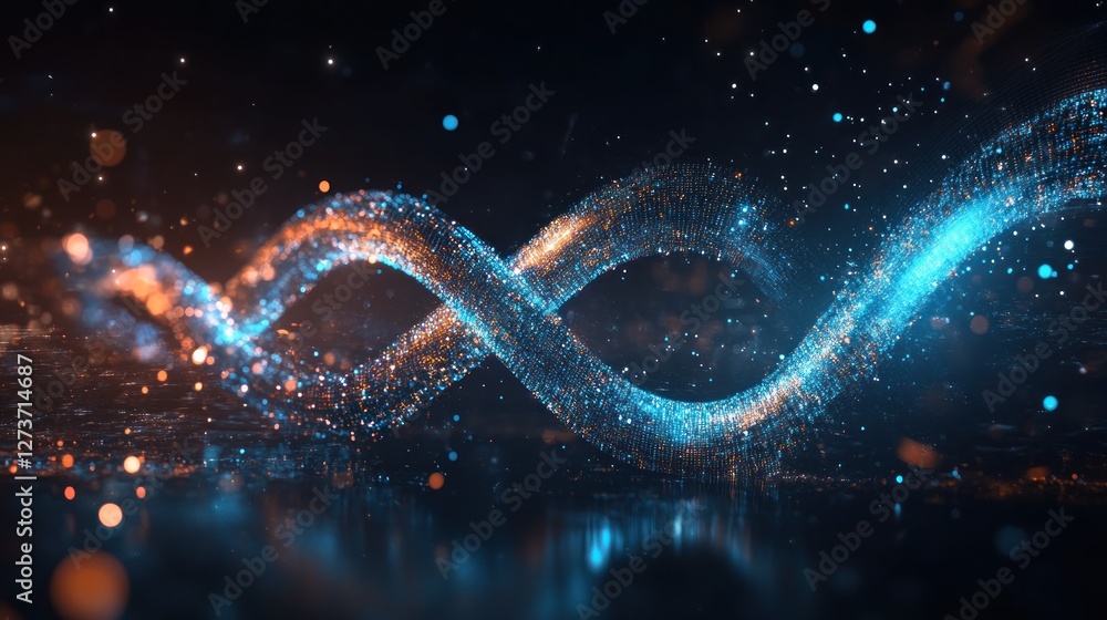 Poster a vibrant, abstract representation of intertwined lines with glowing particles in a dark background.