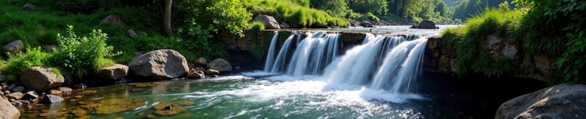 Obraz premium Water falls gently down the mountain stream's slope, natural, fall