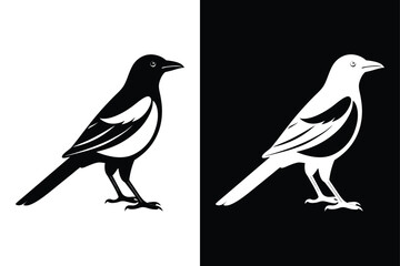 Magpie Bird Silhouette Vector Icon Black And White Background.