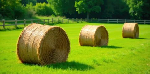 Hay bales in a green meadow with a rustic fence, green field