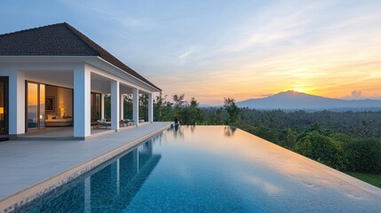 Fototapeta premium Serene Modern Villa with Infinity Pool Overlooking Sunset and Mountain Landscape in Tranquil Paradise