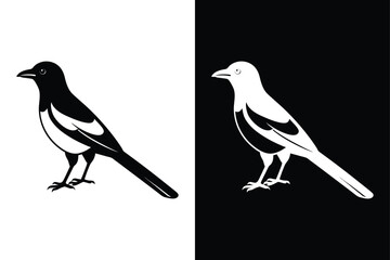 Magpie Bird Silhouette Vector Icon Black And White Background.