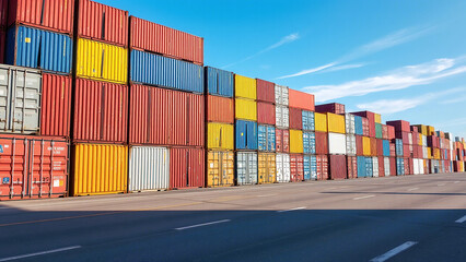Fototapeta premium Stacked Shipping Containers: Vibrant Industrial Scene