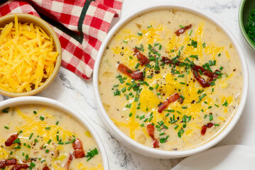 Cheeseburger Soup with Cheddar Cheese and Bacon.style rustic