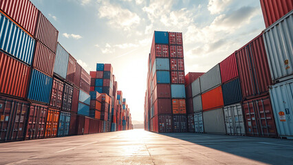 Fototapeta premium Warm Sunset Glow on Shipping Yard: Global Trade Hub