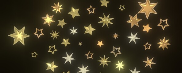 Banner with golden decoration. Festive border with falling glitter dust and stars.