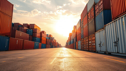 Fototapeta premium Port Storage at Sunset: Stacked Containers and Pathway