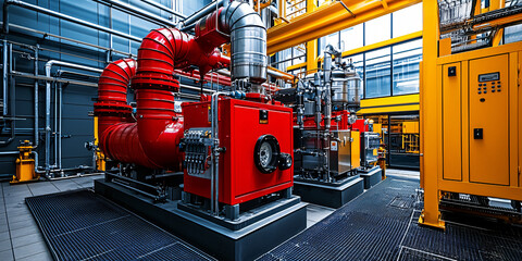 Naklejka premium The heat recovery system in a modern biomass plant, showing advanced technology used to maximize energy efficiency.