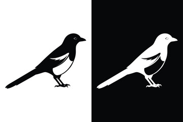 Magpie Bird Silhouette Vector Icon Black And White Background.