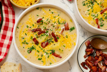 Cheeseburger Soup with Cheddar Cheese and Bacon.style rustic