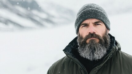 Fototapeta premium Bearded Man in Winter Jacket Amid Snowy Landscape with Mountains in Background