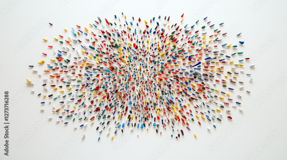 Poster a vibrant array of colorful push pins scattered across a white surface, creating a dynamic visual ef