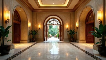 High-end hotel lobby with semicircular entrance, luxurious, arches