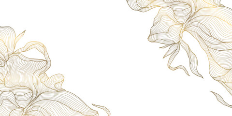 Vector gold leaves, floral luxury frame background, nature line abstract illustration, wave wedding illustration. Japanese premium texture