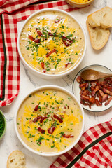 Cheeseburger Soup with Cheddar Cheese and Bacon.style rustic