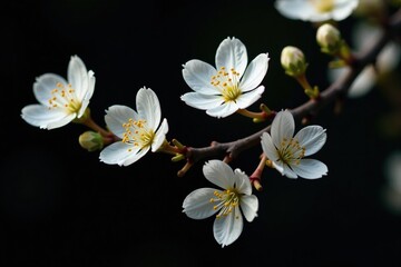 Obraz premium White growths with black tips curling around a tree branch on a dark background, black, growth, blossom