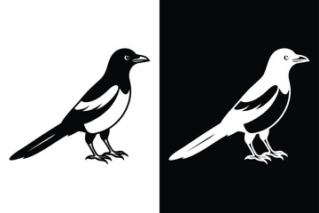 Magpie Bird Silhouette Vector Icon Black And White Background.