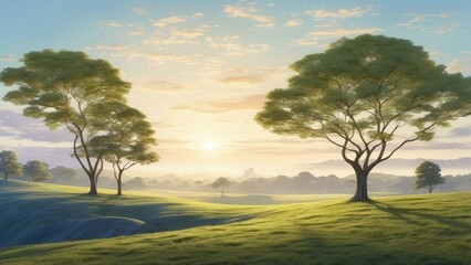 Fototapeta premium Wild savanna landscape banner Savannah African wildlife with acacia trees grass sand Africa landscape African