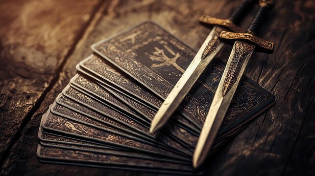 The Seven of Swords tarot card, a figure sneaking away with swords, symbolizing deception, strategy, and cunning moves, mysterious and thoughtprovoking