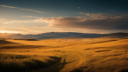 Golden Steppe Landscape at Sunset with Rolling Hills and Vast Grasslands
