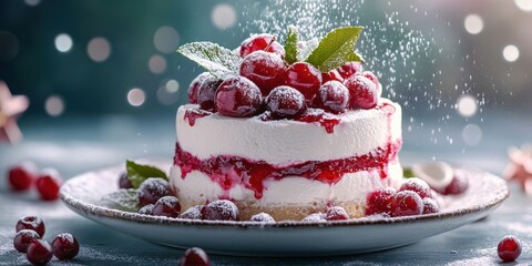 Festive dessert featuring layers of cream and cherry topping decorated with mint leaves in a cozy setting