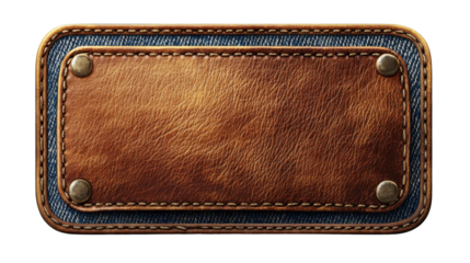 A rectangular leather patch with a stitched denim border and metal rivets, showcasing a rich brown texture.