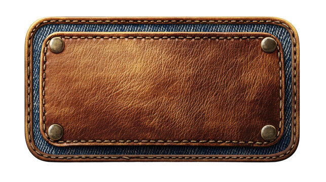 A rectangular leather patch with a stitched denim border and metal rivets, showcasing a rich brown texture.