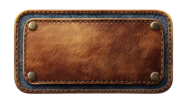A rectangular leather patch with a stitched denim border and metal rivets, showcasing a rich brown texture.