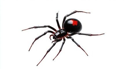 Black Widow Spider. Poisonous Insect With Red Hourglass On Black Shiny Body. Arachnid Danger. Isolated On White.